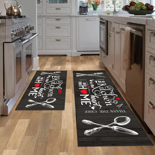 Vista 12 de JWXCBIM Juego de 2 alfombras de cocina con diseño de gato, decoración de estilo granja campestre, tapete de piso de cocina, alfombra antideslizante