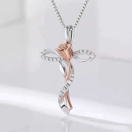 Vista 6 de ZDaoBen Star Cross Necklace Angel Wing Infinity Cross Pendant 925 Sterling Silver CZ Diamond Cross Necklace Women Birthstone Cubic Zirconia Cross