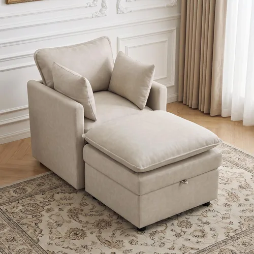Vista 104 de Otomana cuadrada grande de 27 pulgadas con almacenamiento, reposapiés tapizado moderno con patas antideslizantes para sofá, mesa de café, sala