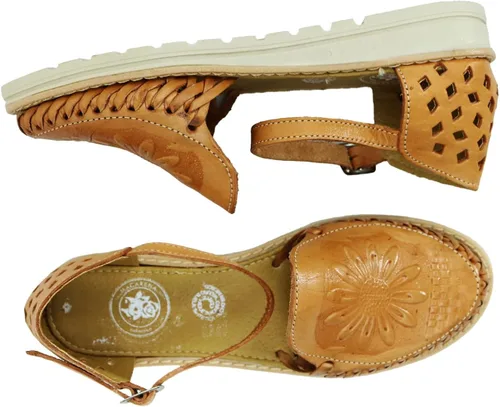 Vista 6 de Macarena Collection Sandalias Huarache para mujer sandalias de cuero colorido estilo mexicano color tostado girasol troquelado 040 Beige Bronceado