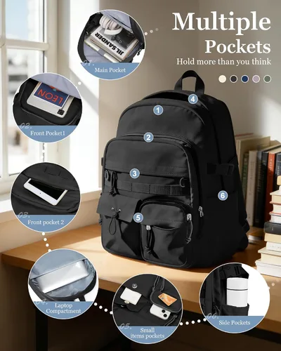 Vista 3 de weradar Mochila Escolar Para Mujeres y Hombres, Mochila Universitaria Estética, Bolsa Ligera de Escuela Secundaria Mochila, a1-Negro, Grande