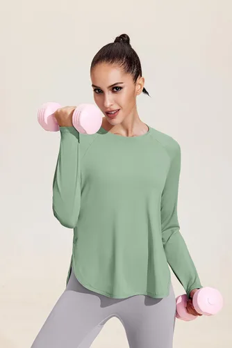 Vista 2 de PINSPARK Camisetas de entrenamiento de manga larga para mujer, absorben la humedad, camisetas de yoga para senderismo, atléticas, ajuste holgado