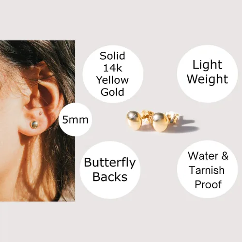 Vista 2 de 14k Solid Gold Flat Ball Stud Earrings for Women Modern Button-Style Studs with Butterfly Backs Hypoallergenic & Tarnish-Resistant Sizes 3mm to