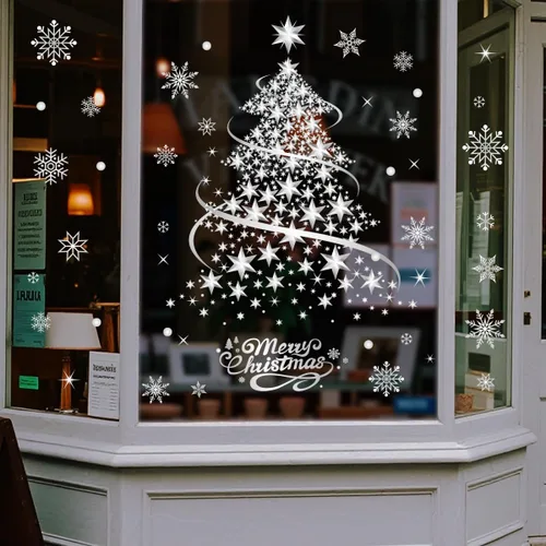 Vista 4 de Decoraciones de Navidad para ventana, calcomanías plateadas para árbol de Navidad, copo de nieve, calcomanías de doble cara, decoración de ventana