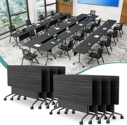 Vista 37 de Mesa de conferencias plegable con ruedas, mesa modular para sala de conferencias con 2 ojales para cables, mesas móviles de sala de reuniones