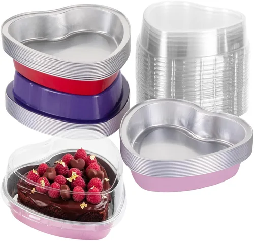 Vista 13 de Juego de 15 moldes para pasteles en forma de corazón con tapas, mini recipientes desechables de papel de aluminio para cupcakes de 22.7 onzas