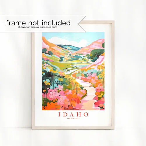 Vista 2 de ColorAndFlair Idaho Travel Print Gem State Souvenir ID Nature Pink Orange Teal Wall Art Mountains Landscape Retro Poster (8x10 inches)