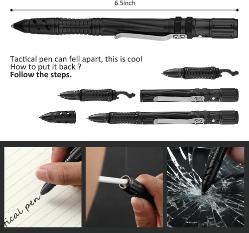 Vista 7 de Bolígrafo táctico de defensa personal militar EDC, negro Glass Breaker, Bottle Opener, Emergency Heater, Multi Tool Survival Pen, For Men Women