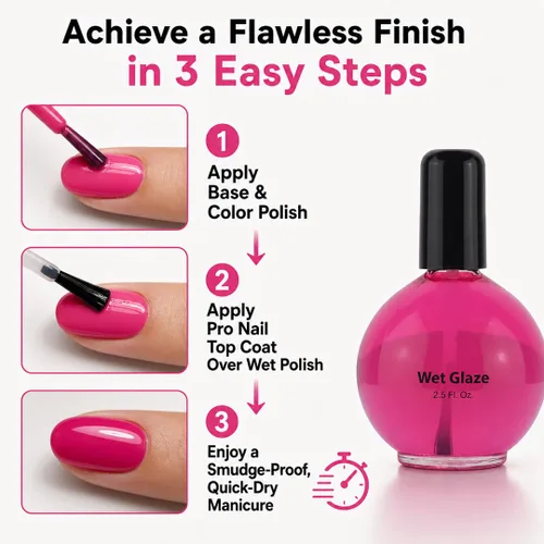 Vista 5 de Pro Nail Wet Glaze - Esmalte de uñas seco transparente Quick Top Coat Tamaño profesional de salón 2.5 oz