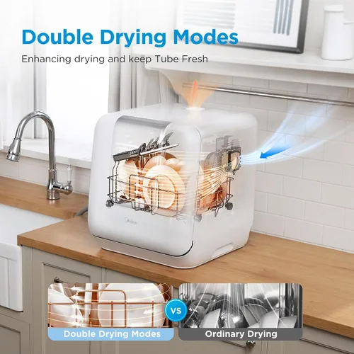 Vista 3 de Midea MDC17P2DWW Lavavajillas portátil para encimera con tanque de agua integrado de 6 L (1.59 G), 5+2 programas, apertura automática de puerta