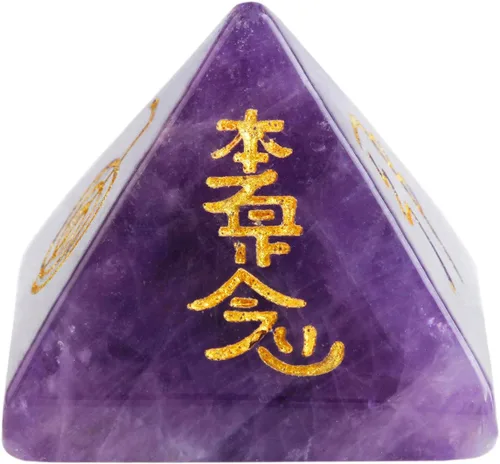 Vista 4 de SUNYIK Pirámide de piedra de amatista, generador de energía de punto de cristal, grabado curativo chakra, símbolo de Reiki, decoración metafísica