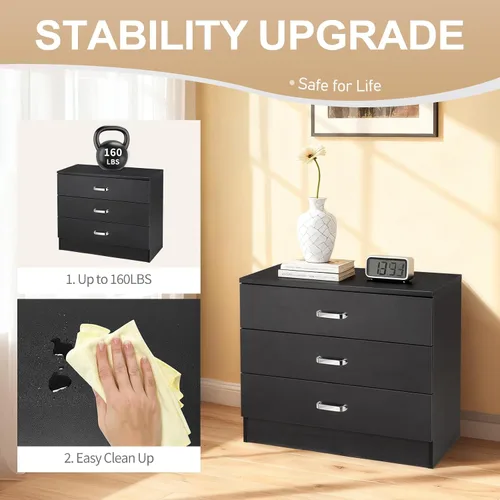 Vista 9 de Vasitelan Cómoda de madera con 3 cajones, cómoda de almacenamiento moderna, mesita de noche de madera para dormitorio, sala de estar (negro)
