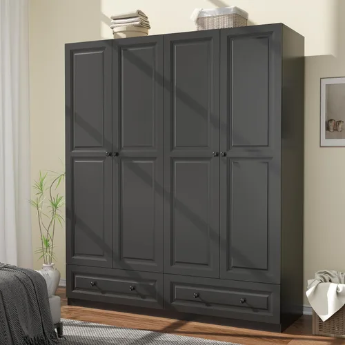 Vista 9 de Armario Armario con cajones: armario de dormitorio de 74 pulgadas para ropa colgante, armarios negros con puertas, armario moderno con estantes