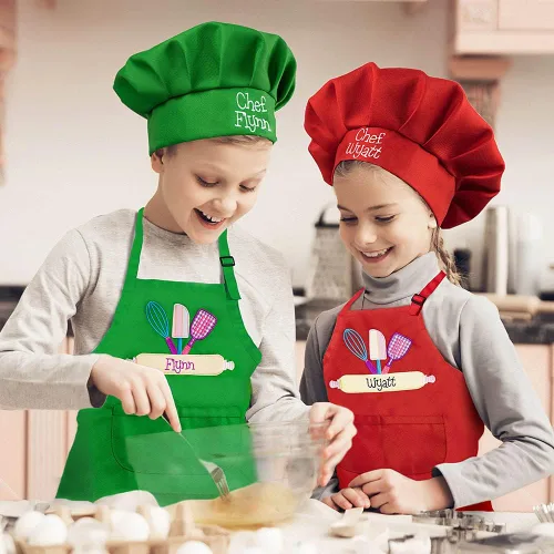 Vista 4 de Nombre personalizado Niños Delantal Chef Sombrero Set Para Niño Niña Cocina Hornear Pintura Artesanía