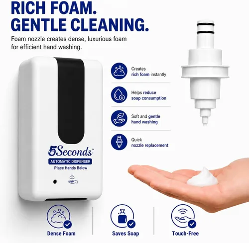 Vista 2 de 5Seconds Automatic Foam Soap Dispenser, Touchless Wall Mount, Infrared Sensor, Lockable, Battery Powered, Commercial Grade