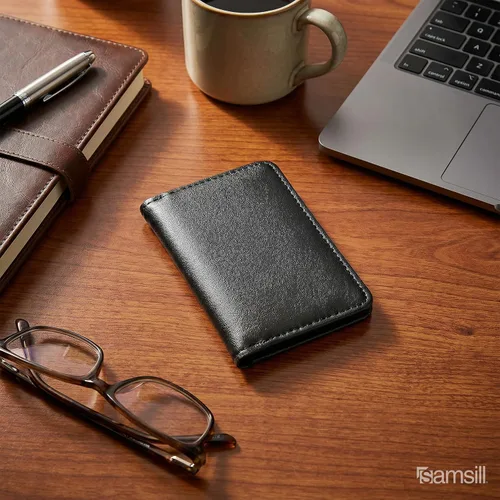 Vista 7 de Samsill tarjetero de piel auténtica, estuche para 25 tarjetas comerciales, negro