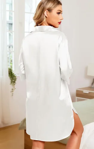 Vista 5 de Samring Camisones de seda para mujer, manga 34, con botones, camisola de satén para dormir