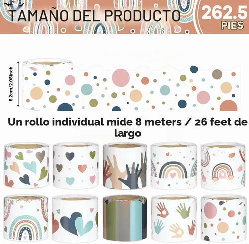 Vista 2 de Borde de anuncios bohemio de 262 pies, 10 rollos, borde bohemio de arco iris para el aula, para tablón de anuncios, decoración de tablero
