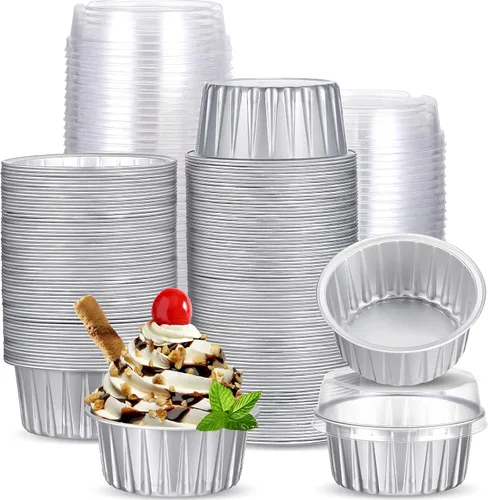 Vista 9 de 150 moldes desechables de papel de aluminio para hornear, con tapas, mini moldes para cupcakes de 5 onzas, moldes para flan, moldes para tartas