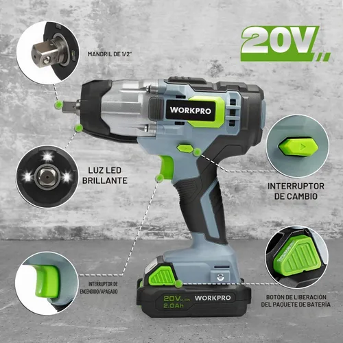 Vista 2 de WORKPRO Llave de impacto inalámbrica de 20 V, de 1/2 pulgada, par máximo de 320 pies-libra, batería de iones de litio de 2.0 Ah con cargador rápido