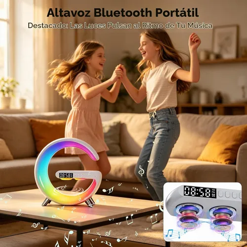 Vista 6 de 4 In 1 Smart LED Table Lamp, Alarm Clock, Bluetooth Speaker, Wireless Charger, App Control Night Light Bedside Lamp with Fast Charging Station for
