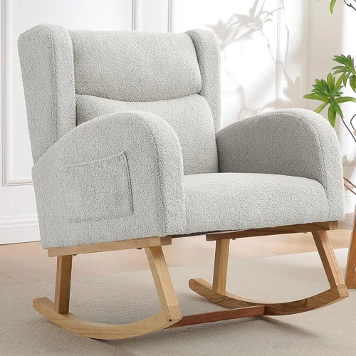 Vista 15 de Mecedoras para guardería, mecedoras tapizadas, mecedoras deslizantes para sala de estar, dormitorio, cómoda silla mecedora de lino con respaldo