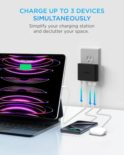 Vista 2 de iHome Bloque de cargador de pared multipuerto de 32 W, 3 puertos, 1 USB-C, 2 USB-A Fast Charging, Power Delivery, Foldable Prongs, Slim Flat