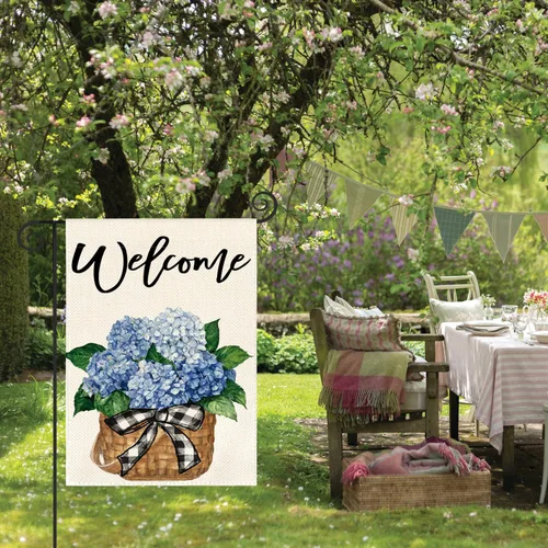 Vista 3 de AVOIN colorlife Bandera de jardín de primavera y verano de hortensias de 12 x 18 pulgadas, doble cara exterior, bandera floral de bienvenida