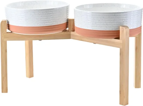 Vista 33 de SPUNKYJUNKY Cuencos elevados de cerámica para perros, 5.1 pulgadas, para comida de perros y gatos, cuencos elevados con soporte de bambú Verde oscuro