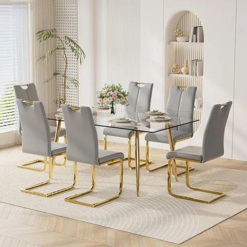 Vista 23 de Juego de mesa de comedor moderno de 51 pulgadas para 4 mesas rectangulares de cristal con 4 sillas tapizadas de cuero, asientos 4 ideales para Beige