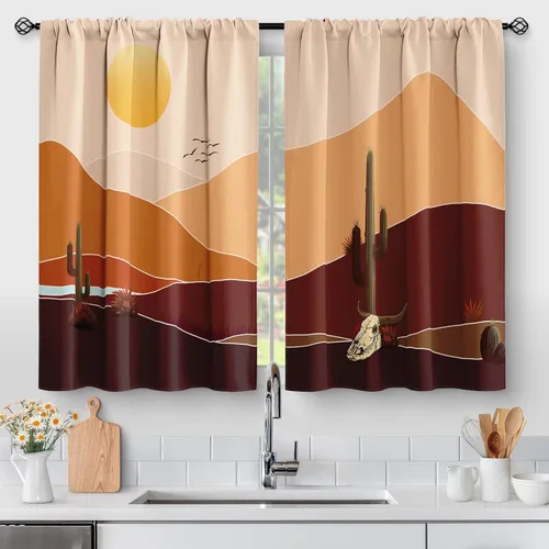 Vista 10 de Aimego - Cortinas de cocina con plantas rústicas y flores de primavera, botánicas, con hojas verdes, cortas, para cafetería, baño, con bolsillo