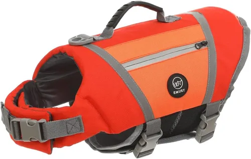 Vista 9 de EMUST Chaleco salvavidas para perro, chaqueta ligera con bolsillos, elegante preservador con asa de rescate y rayas reflectantes para nadar