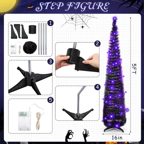 Vista 2 de Aoriher Árbol de Navidad de Oropel Negro Plegable Emergente Preiluminado de 5 pies con Luces de Cadena Moradas, Árbol Artificial Reutilizable