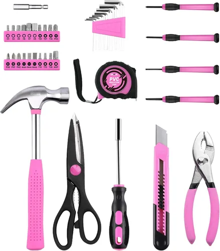 Vista 2 de DOWELL Juego de herramientas para el hogar de 40 piezas rosa, kit de herramientas manuales generales para el hogar con estuche de almacenamiento