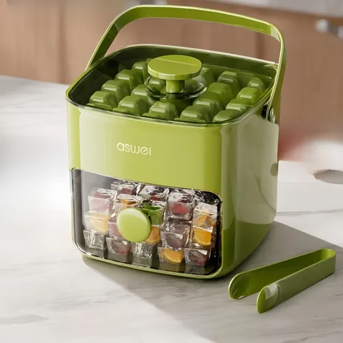 Vista 6 de Bandeja compacta para cubitos de hielo con tapa y contenedor, mini máquina de cubitos de hielo tipo prensa para congelador, cubo de hielo pequeño