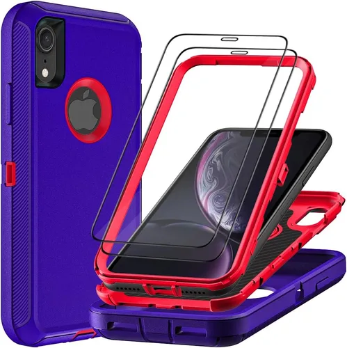 Vista 7 de Funda para iPhone XR con 2 protectores de pantalla de vidrio templado, grado militar 3 en 1, resistente a prueba de golpes, a prueba de caídas