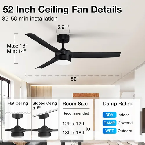 Vista 2 de cumilo Ventiladores de techo inteligentes de 52 pulgadas con luz y control remoto, luces LED regulables, motor de CC silencioso, control a través