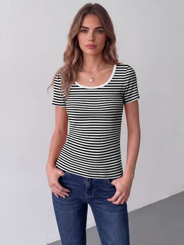 Vista 2 de Zeagoo Camiseta básica de manga corta para mujer, de punto acanalado Negro blanco (Black White Stripes)