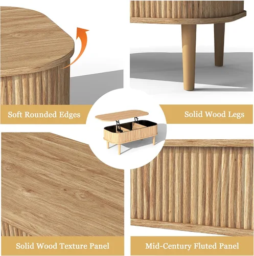 Vista 4 de Mesa de centro acanalada con tapa elevable y almacenamiento oculto, mesa de centro ovalada con tapa elevable, diseño moderno de mediados de siglo