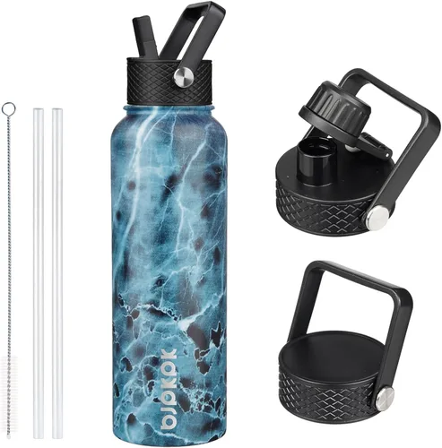 Vista 113 de BJPKPK Botellas de Agua Aisladas con Tapa de Pajita, Botella de Agua de Acero Inoxidable de 18oz, Termo Frío Caliente con 3 Tapas, Vaso de Viaje a
