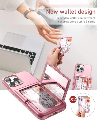 Vista 5 de WeLoveCase Funda para iPhone 13 Pro Max para mujer con tarjetero y espejo oculto, dos capas a prueba de golpes resistente funda protectora tipo