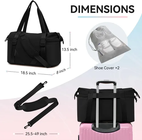 Vista 5 de MAXTOP Bolsa de gimnasio grande para hombres y mujeres con compartimento para zapatos, separación húmeda y seca, bolsa de lona negra para viajes