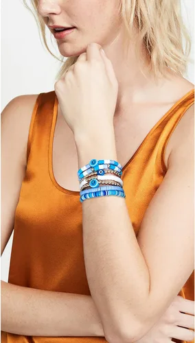 Vista 3 de Wonlte - Juego de pulseras de cuentas de arcilla Heishi, pulseras elásticas apilables con cuentas de mal de ojo, pulseras elásticas apilables