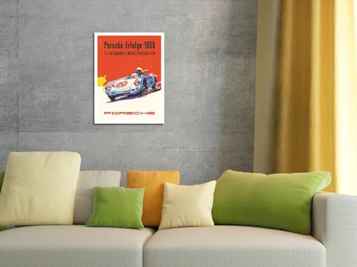 Vista 4 de Porsche Successes (Erfolge) 1956 – Doce Campeonatos de Automóviles – Póster de carreras de coches vintage – Cartel de arte de madera vintage de 8 x