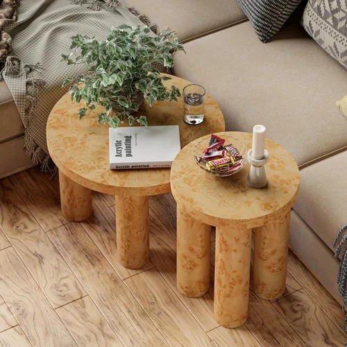 Vista 7 de Aoikax Juego de 2 mesas de centro redondas de madera de granja con acabado de chapa burl, mesas anidables rústicas modernas con patas de pilar