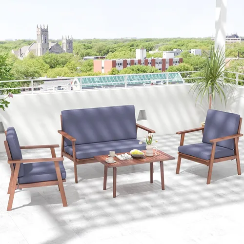 Vista 9 de Tangkula Juego de 4 piezas para conversación al aire libre, juego de sofá de madera de acacia con cojines de asiento y respaldo suaves, mesa Gris