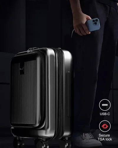 Vista 2 de LUGGEX Equipaje de mano aprobado por aerolíneas con bolsillo frontal, maleta rígida de policarbonato con puerto USB, maleta de viaje con ruedas