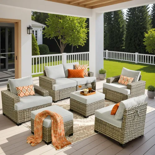 Vista 10 de HOOOWOOO Juego de Muebles Seccionales para Patio al Aire Libre, 6 Piezas Juegos de Conversación de Mimbre Sofá en Forma de L, Sofá Extra Profundo