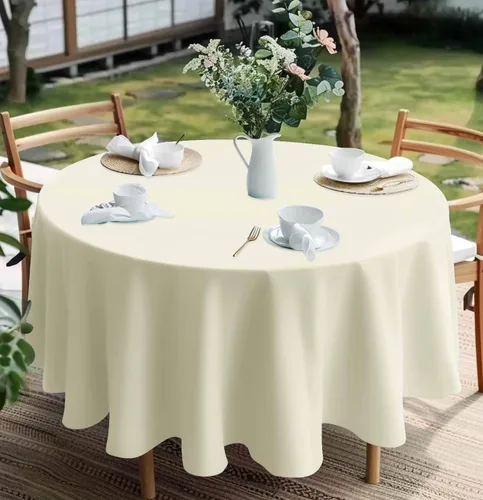 Vista 4 de HEIPINIUYE - Paquete de 2 manteles redondos de 84 pulgadas de plástico beige, manteles de mesa impermeables desechables para redondas, ideales