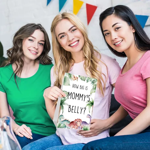 Vista 111 de Sabary 64 Piezas Juegos de Baby Shower Incluyen Letrero How Big is Mommy's Belly Sign Measure Bump Game 50 Tarjetas 10 Lápices 3 Cintas Métricas